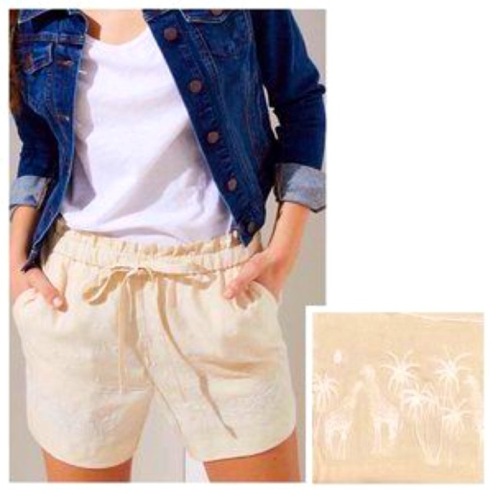 NWT LOFT Light Yellow Giraffe Embroidered Linen Paperbag Shorts Womens Size M